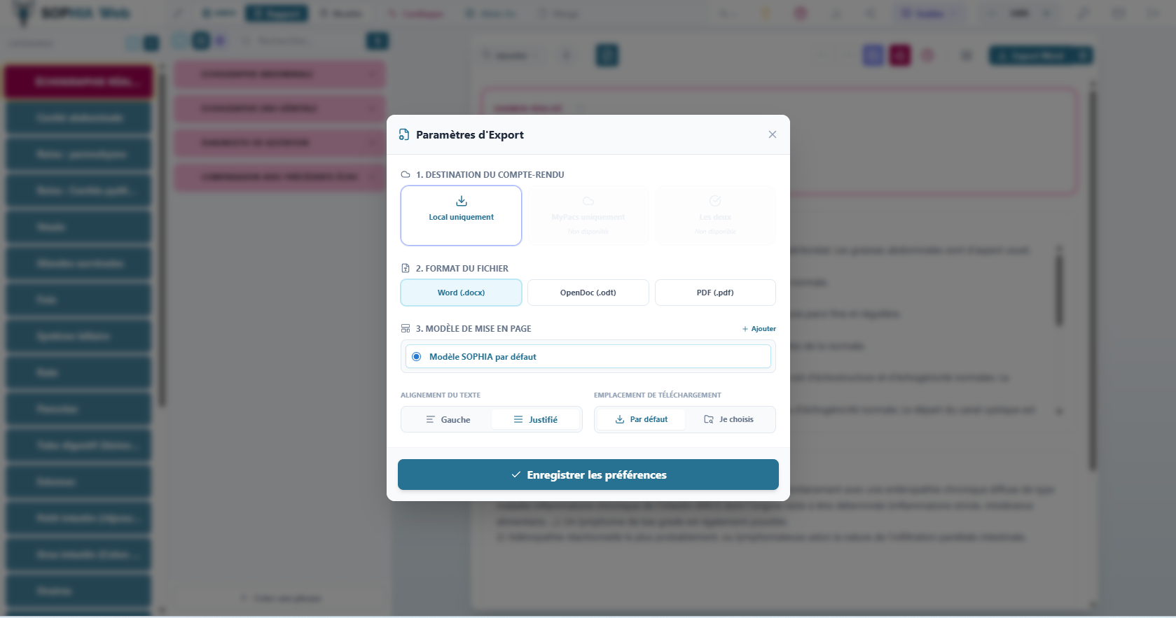 SOPHIA Web export parameters